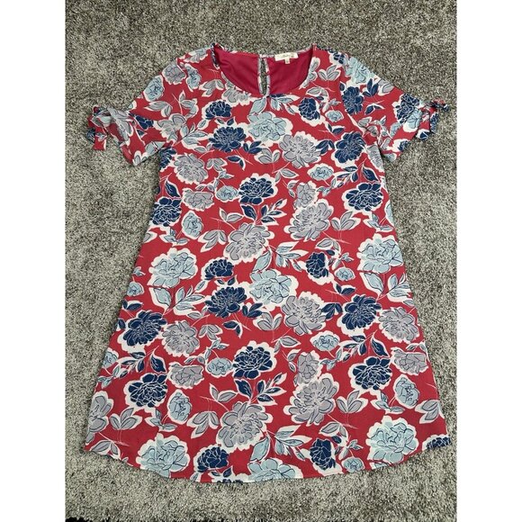 Andree by Unit Pink Floral Shift Dress L Tie Sleeve Scoop Neck Knee Length - Picture 1 of 12